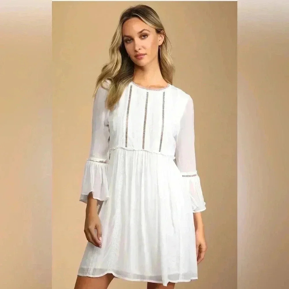 Lulus In the Meadows White Crochet Lace Babydoll Embroidered Trim Dress XS - Picture 4 of 14